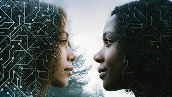 Double exposure of two women with abstract digital circuits. AI and futuristic concept photo