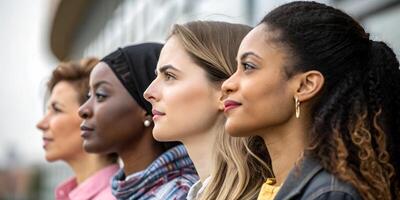 Four strong, diverse women standing side by side, looking forward with determination. Female empowerment and gender equality concept photo
