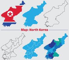 North Korea map on a white background with flag. borders marked, Simple map of North Korea drawing, Filled and outline. vector
