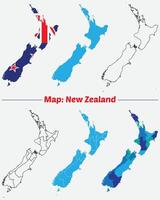 New Zeland Map. borders marked, Simple map of New Zeland drawing, Filled and outline. flag map. vector