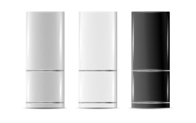 Modern fridges. Realistic silver coolers, refrigerators of different size for home or restaurant kitchen and cold products storage.