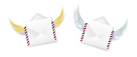Paper envelope with angel wings. Letters Be my Valentine. White envelope with wings. Realistic 3d design congratulations mail, falling envelope. vector
