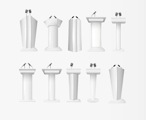 White Podium Tribune Rostrum Stands with Microphones. Podium tribune with microphones isolated for business presentation, conference.