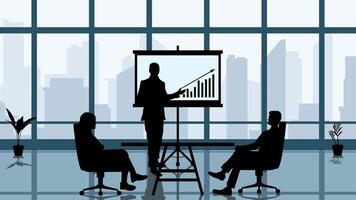 Illustration of business bar chart presentation in the office room. Illustration of office worker presentation. Meeting room with presentation report of businessman and finance conversation vector