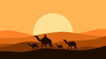 Illustration of camel convoy trekking through a sandy desert. Illustration of safari in arabian desert landscape with camels. Silhouette of panorama dune desert with group of camel and a herder vector