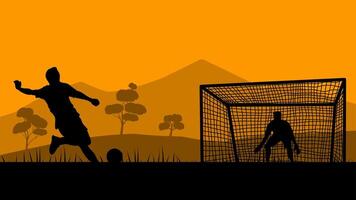Illustration of playing soccer in the field. Illustration of two people playing football in the landscape mountain. Player kicking ball to a goalpost with goalkeeper in the soccer field vector