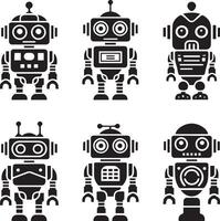 six stylized robots in a simple art, flat design vector
