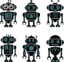 Collection of six stylized robots, vector