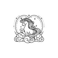 A unicorn is standing on clouds in a heart, line art unicorn design vector