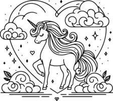 A unicorn is standing in the clouds with a heart, line art design vector