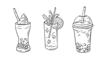 Black and white doodles of summer drinks with bubble tea, a refreshing citrus drink, and a creamy smoothie with whipped topping, showcasing a fun and modern beverage theme vector