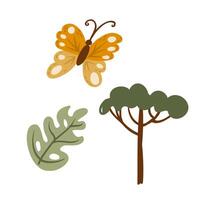Minimalistic illustration of a safari theme with a yellow butterfly, green leaf, and a tree with a natural earthy color palette on a white background vector
