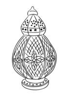 Line art illustration of an Islamic lantern with intricate patterns, including floral and geometric elements, symbolizing traditional Middle Eastern and Ramadan themes vector