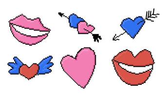 Pixel art with colorful hearts and smiling lips in pink, blue, and red tones, with playful designs including arrows and wings, evoking a romantic and retro gaming aesthetic vector