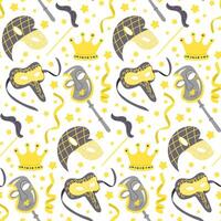 Seamless carnival pattern with yellow and gray decorative masks, crowns, ribbons, and stars on a white background, creating a festive and elegant design for celebrations and events vector