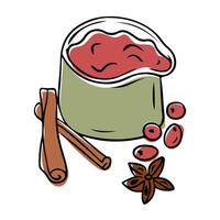 Illustration of cranberry sauce in a bowl with cinnamon sticks, cranberries, and a star anise spice, evoking warm and festive culinary themes vector