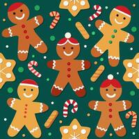 Seamless pattern with Christmas gingerbread men of different colors on a green background. Christmas cookies with frosting. Design for Christmas packaging, textiles, wallpapers ..Seamless pattern vector
