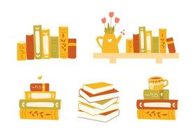 Set of cute colorful books isolated on white background. Stack of books with coffee cup, bookshelf with flowers. Hand drawn flat cartoon style. Reading concept. World book day vector