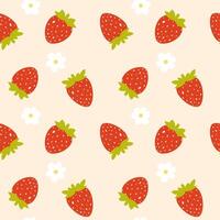 Strawberry seamless pattern with cute hand drawn strawberries and flowers. Summer fruit seamless pattern perfect for textile, background, wallpaper, wrapping paper and so on vector