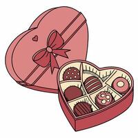 Chocolate box for Valentine's Day and Birthday in the shape of a heart with chocolates inside. Illustrations for holidays and romantic design.Suitable for logos, valentines,greeting card, invitation. vector