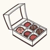 Chocolate box for Valentine's Day and Birthday in the shape of a heart with chocolates inside. Illustrations for holidays and romantic design. Suitable for logos, valentines,greeting card, invitation vector