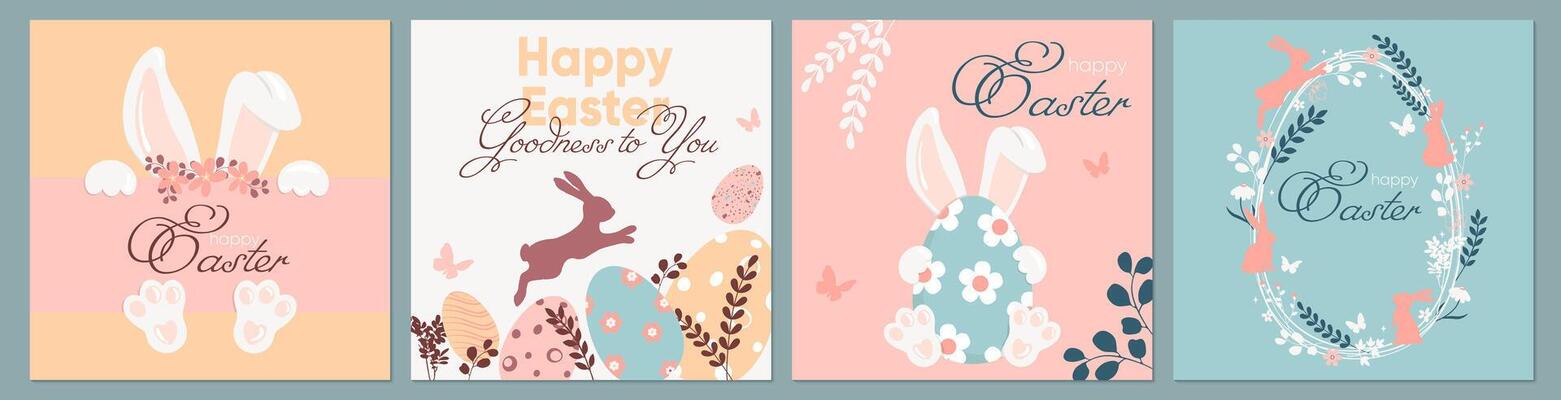 Happy Easter hand drawn festive posters, greeting cards, banners or holiday covers in flat style. Trendy design with cute bunny, Easter eggs, flowers, plants and text in pastel colors.