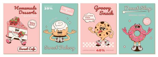 Posters set with retro groovy cheerful desserts characters. Retro cartoon branding mascots for cafe. promo illustrations with a donut, cake, cookie and synabon for leaflet, flyer, brochure. vector