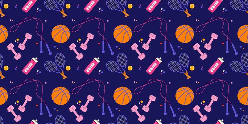 Retro cartoon abstract seamless pattern with sports equipment. Background for wrapping paper, banner, poster, social media. fitness concept. Fitness training concept. flat illustration.