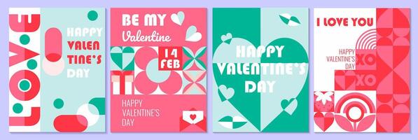 Set of Valentine's day geometric abstract posters, greeting card, banners, sale promotion templates. mosaic backgrounds with hearts, flowers and simple forms for prints, wrapping, social media. vector