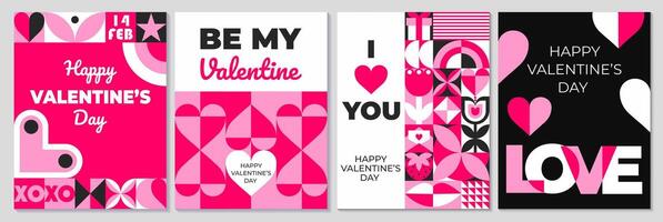 Set of Valentine's day geometric abstract posters, greeting card, banners, sale promotion templates. mosaic backgrounds with hearts, flowers and simple forms for prints, wrapping, social media. vector