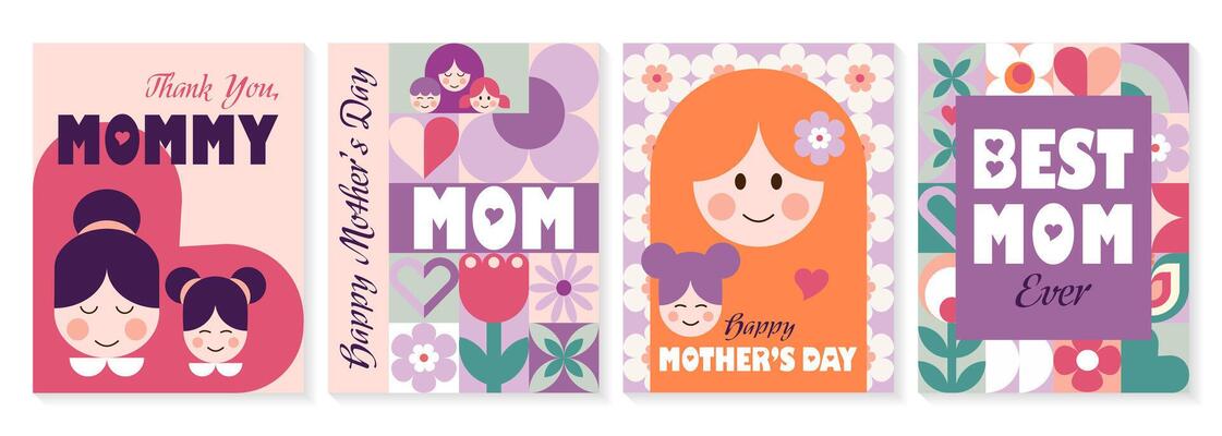 Mothers day abstract geometric posters set with mom and kids, flowers, hearts, simple forms and trendy typography. Modern templates for greeting cards, banners, covers, social media.