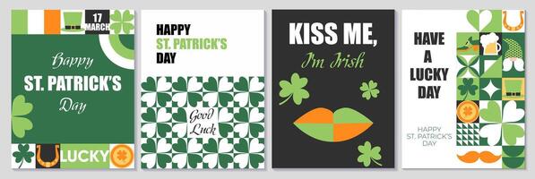 Set of Happy St. Patrick's Day geometric abstract posters, greeting card, banners, sale promotion templates. mosaic backgrounds with a leprechaun hat, clover, gold coins, beer and simple forms. vector