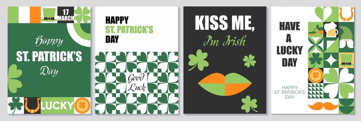 Set of Happy St. Patrick's Day geometric abstract posters, greeting card, banners, sale promotion templates. mosaic backgrounds with a leprechaun hat, clover, gold coins, beer and simple forms.