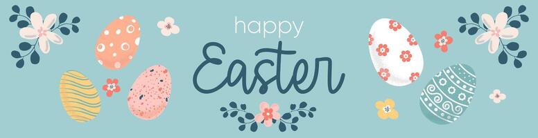 Happy Easter background with hand drawn eggs, flowers, greenery and text. Cute illustration, Easter doodle background for horizontal poster, greeting card, website header, home decor. vector