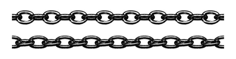 Distressed metal chains set with retro photocopy effect. Black monochrome design elements with grainy stippling texture. Trendy grunge illustration isolated on transparent background vector