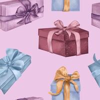 Holiday gift boxes in watercolor on seamless pattern isolated on pink. Present boxes blue, pink and lavender with ribbons hand drawn. Repeating pattern for new year wrapping, birthday package vector