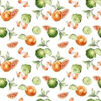 Citrus grapefruit and bergamot fruits slices and leaves on watercolor seamless pattern isolated. Hand drawn ripe plants with bright orange green peel in botanical sketch style for textile, package. vector