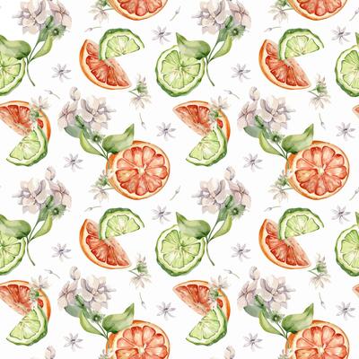 Half grapefruit and bergamot watercolor seamless pattern isolated. Citrus slices and jasmine plant. Hand drawn assorted fruits and flower in botanical sketch for summer floral print, package, textile.