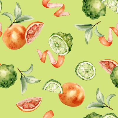 Citrus grapefruit and bergamot fruits slices and leaves on watercolor seamless pattern isolated. Hand drawn ripe plants with bright orange green peel in botanical sketch style for textile, package.