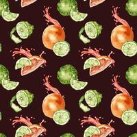 Citrus ripe fruits with juicy splash on watercolor seamless pattern isolated on dark. Hand drawn bright summer plants bergamot and grapefruit in botanical sketch style for textile, package products. vector