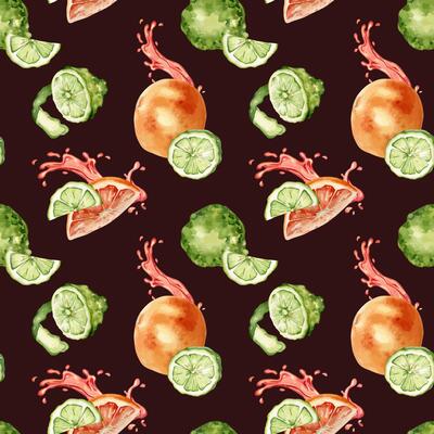 Citrus ripe fruits with juicy splash on watercolor seamless pattern isolated on dark. Hand drawn bright summer plants bergamot and grapefruit in botanical sketch style for textile, package products.