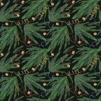 Spruce branches on seamless watercolor pattern isolated on dark. Christmas endless background with coniferous plants and bells hand drawn. Festive pattern for wrapping paper, wallpapers, and package vector