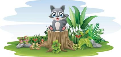 Cartoon little raccoon sitting on tree stump vector