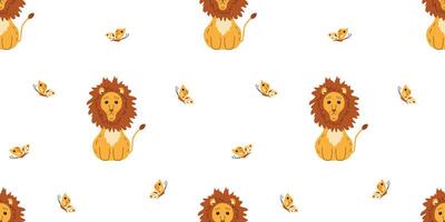 Seamless pattern of lions and butterflies on white background for textile, fabric, wrapping paper vector