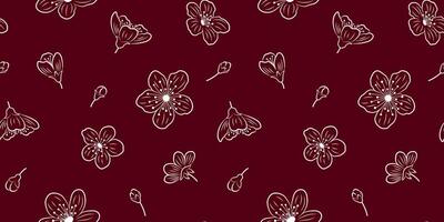 Seamless pattern with white outlines of sakura flowers and buds on a burgundy background for textile, fabric, wrapping paper. Botanical pattern with cherry blossom vector