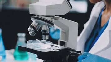 A person in a lab coat is looking at a microscope video