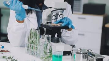 A woman in lab coat and gloves is looking at something video