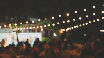 A group of people sitting at tables under string lights video