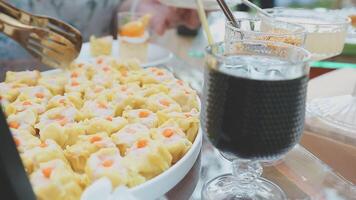 A table with food and drinks on it video