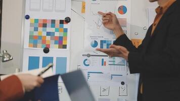 A man and woman are looking at a whiteboard with graphs and charts video